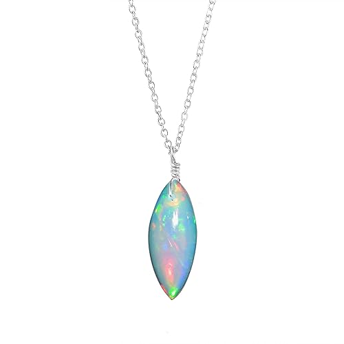 Natural Fire Ethiopian Opal Marquise Pendant Necklace 925 Sterling Silver Rhodium Plated Gemstone Wire Wrapped Handmade Jewelry Energy Healing Stone