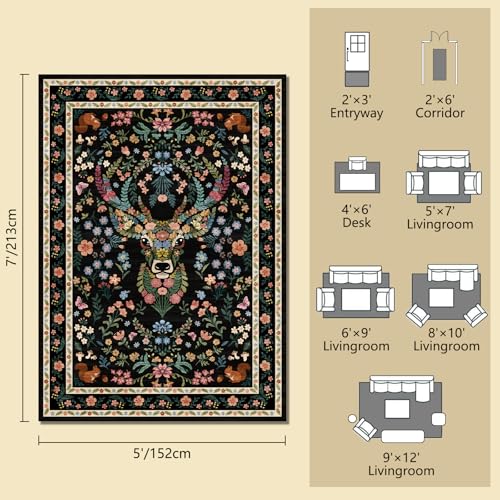 Image of Area Rug Vintage Floral Deer Pattern 5x7 - Bohemian Forest Animal Carpet with Squirrel & Butterfly, Soft Decorative Area Rug for Living Room Bedroom Home Decor