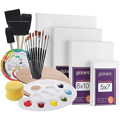 Glokers Canvas Panels Painting Kit | Art Supplies Set Includes Paint Palette, Sponge Brushes, Canvases, Paintbrushes & Mixing Wheel | Warp-Free Painting Canvas Great for Acrylic, Oil & Watercolor Cover