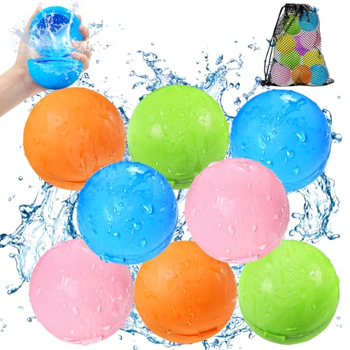 KOKODI 8PCS Reusable Water Balloons for Kids Ages 3-14 Self Sealing Water Bombs for Pool & Beach Quickly Fill Refillable Silicone Water Balls Fight Toys for Summer Outdoor Games