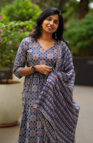 Image of Nermosa Women Printed Cotton Anarkali Kurta and Pant with Dupatta | Printed Kurta Set | Cotton Kurta Set | Summer Office Wear |