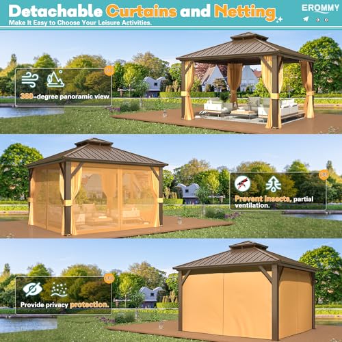 EROMMY 12' x 12' Hardtop Gazebo, Aluminum Frame Gazebos with Galvanized Steel Double Roof, Permanent Outdoor Metal Pavilion with Curtain and Netting for Patio, Lawn, Deck - Image 7