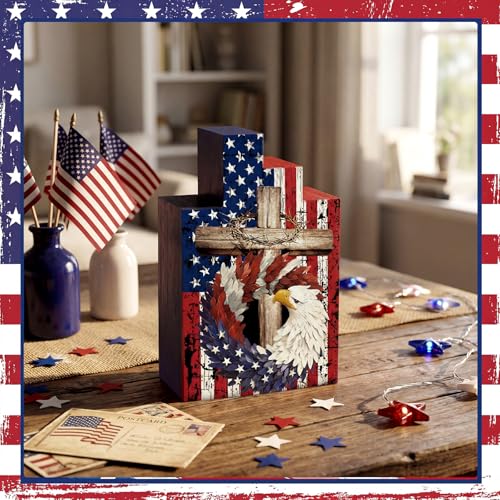 Image of Amyhill 4 Pcs 4th of July Decorations Set Wooden Patriotic Table Centerpieces Independence Day Wood Firework Fourth of July Table Signs for 250th Anniversary Home Farmhouse Decor (Pattern Style)