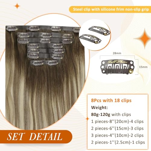 Image of Full Shine Clip in Hair Extensions Brown Ombre Real Hair Clip in Extensions Light Brown Mix Blonde Seamless Human Hair Extension for Women Ease of Use 14 Inch 8 Pcs 120g