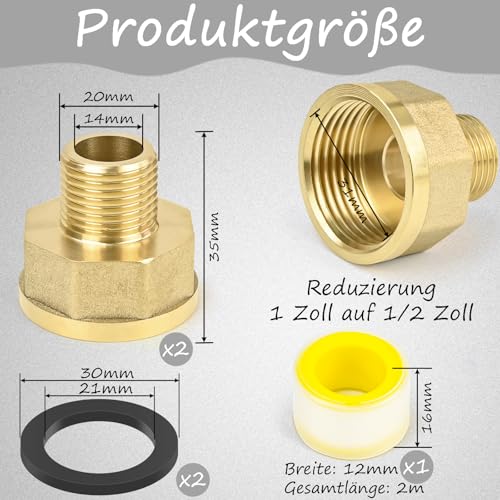 CONJURAIDE 2 Stück Reduzierung 1 Zoll auf 1/2 Zoll, Messing Reduzierstück 1 Zoll auf 1/2 Zoll mit Dichtung und Gewindedichtband Gewindefitting Adapter für Gartenhahn Wasserleitungen AGØ20mm x IGØ31mm