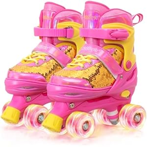 Nattork Kids Roller Skates for Boys Girls Kids 4 Size Adjustable Sequins Quad Skates with All Light up Wheels for Kids Beginners, Birthday Gift for Indoor Outdoor Sports patines para niñas P