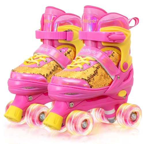 Nattork Kids Roller Skates for Boys Girls Kids 4 Size Adjustable Sequins Quad Skates with All Light up Wheels for Kids Beginners, Birthday Gift for Indoor Outdoor Sports patines para niñas P