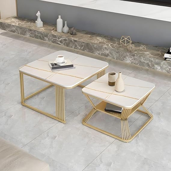 Square Coffee Table Set of Two End Tables for Living Room, Center Table, Nesting Tables, Cocktail Table, Metal Framed Wooden Accent Furniture, Sturdy Stacking Side Table (White Gold)-image-23