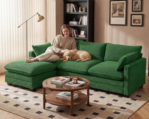 Image of Gizoon 110'' Oversized L Shaped Couch for Living Room, Cloud Couches with Washable Corduroy Cover, Modern 4-Seater Comfy Deep-Seat Sofa with Movable Ottoman and 2 Throw Pillows for Apartment, Green