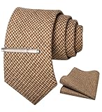 RBOCOTT Thin Brown Plaid Plaid Cashmere Tie Wool Necktie and Pocket Square Tie Clip Sets for Men(82)
