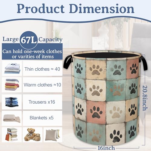 Image of Cute Paw Print Laundry Basket,Foldable Oxford Cloth Vintage Laundry Hamper With Handle, 20.8 inchx16 inch Portable Clothes Storage Basket Bag for Laundry Room /Bathroom /Bedroom /Dormitories
