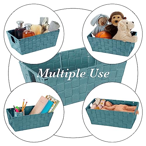 Image of Simplify Small Shelf Woven Strap Tote | Decorative Storage Basket | Built in Handles | Organization | Closet | Bedroom | Bathroom | Nursery | Accessories | Toys | Gifts | 4 Pack | Sapphire