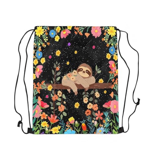 Loussiesd Cute Sloth Gym String Bag Kawaii Animal Drawstring Backpack 40x33cm Decor Cartoon Sports Drawstring Sackpack Flower Drawstring Bags Waterproof