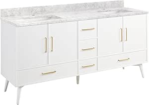 Signature Hardware 953912-72-RUMB-1 Novak 72" Freestanding Mahogany Double Basin Vanity Set with Cabinet, Vanity Top, and Rectangular Undermount Sinks - Single Faucet Holes - Bright White/Carrara