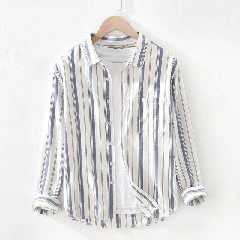 Chemise homme rayures manches longues coton lin décontractée été - 2