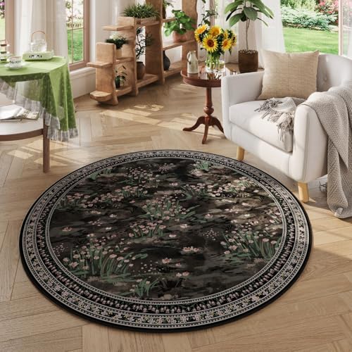 Rugcomf Round Area Rug 4ft Washable Vintage Impressionist-Style, Black