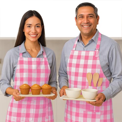 Native Fab Buffalo Check Apron 2 Pack, 100% Cotton Adjustable Aprons with Pockets, Soft Comfortable Kitchen Aprons for Cooking, Baking, Grilling, Cute Farmhouse Kitchen Décor, Rose Pink and White