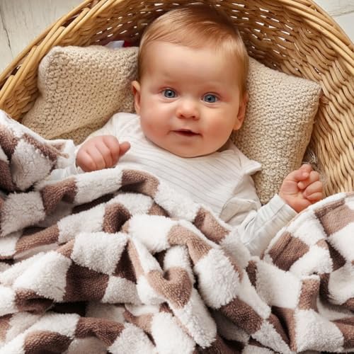 Checkered Baby Blanket Neutral Ultra Soft Fuzzy 30 X 40 Inches Cozy Baby Blankets with 3D Chessboard Grid Warm Comfort Reversible Baby Bed Blanket for Toddlers Infant or Newborn (Brown)