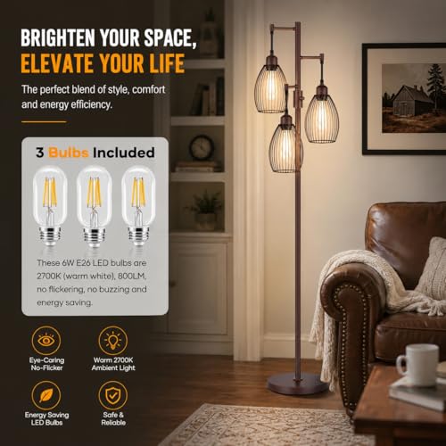 Image of Nintiue Dimmable Floor Lamp,3x800LM LED Bulbs Included, Farmhouse Industrial Floor Lamp Standing Tree Lamp with Teardrop Cage Head Tall Lamp for Living Room Bedroom Office Dining Room - Matte Brown