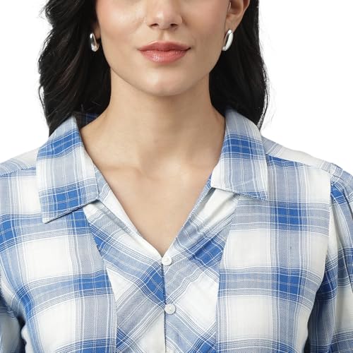 Image of Latin Quarters Women Blue Casual Check Half Sleeve Shirt