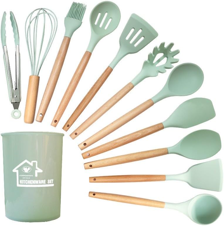 Silicone Cooking Utensils Set, Kitchen Utensils Set 12 Pcs for cooking, BPA Free Spatula Set with Heat Resistant Wood Handles for Nonstick Cookware (green)