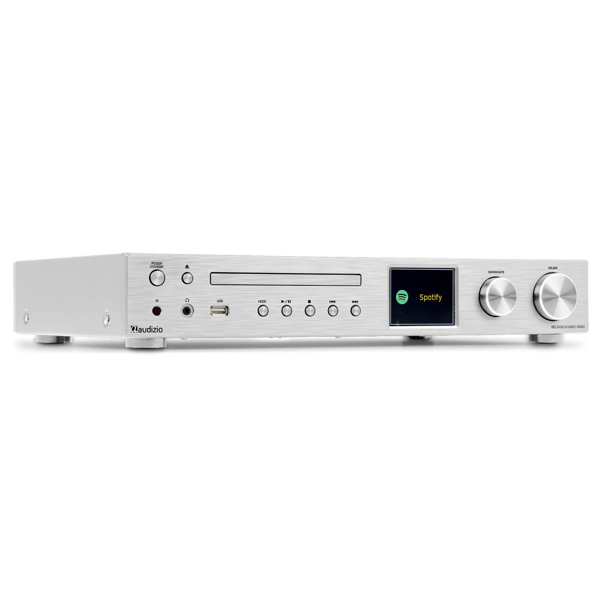 Audizio Bolzano, Internetradio WLAN, DAB Radio mit CD-Player, Spotify Player, Receiver 2x50 Watt, Bluetooth, Wecker, Fernbedienung, App-Steuerung, Toslink, Subwoofer-Anschluss, DAB+ FM, Silber