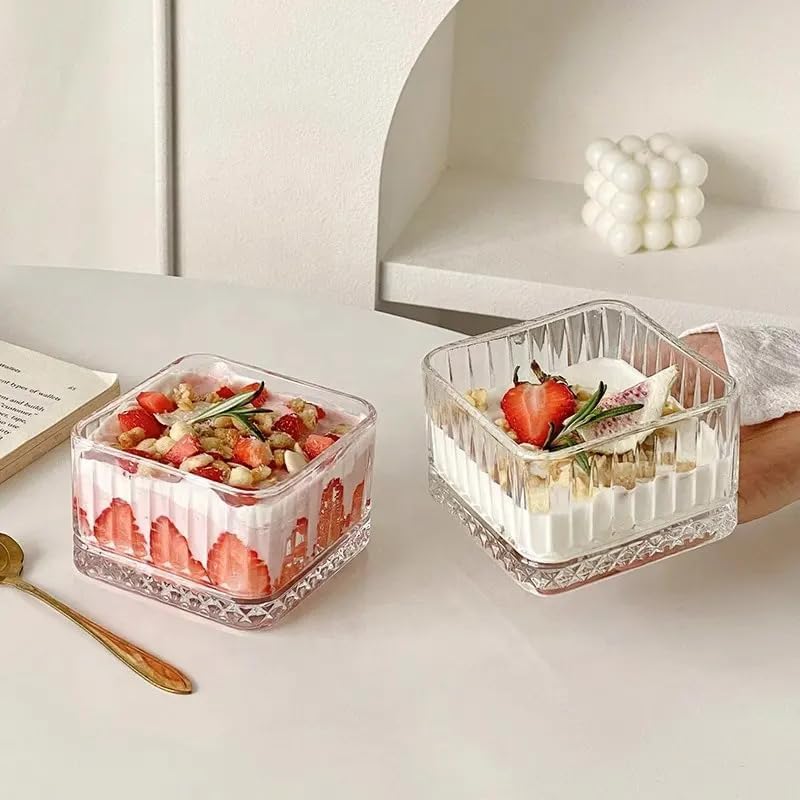 Image of Glassbunny Glass Bowl Set of 6 Clear Serving Bowls for Snacks, Ice Cream, Salads Elegant Glass Tableware for Kitchen & Dining, Square Dessert Bowls Transparent Striped 350ML