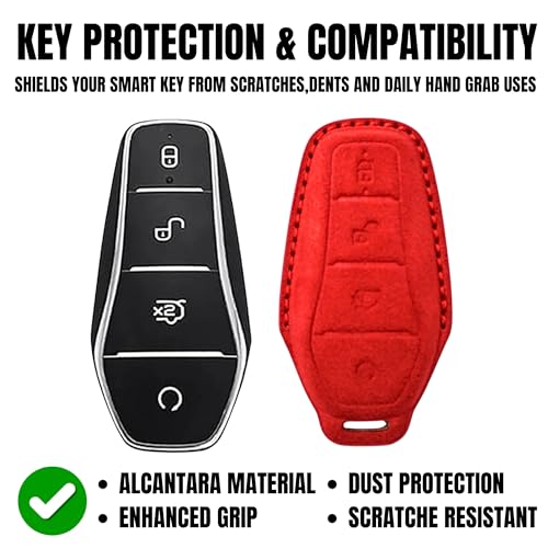 Image of KMH Alcantara Key Cover Compatible with BYD Atto 3 Models Smart Keycover with Keychain 4 Buttons Shell Case Holder Full Key Protector Accessories Smart Keycover with Keychain, Red - Pack of 2