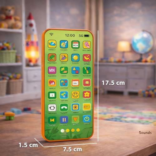 Image of Wishkey Edu Phone for Kids Dinosaur Theme 28 Functions Rechargeable USB Cable Not Included Learning Mobile Toy with 22 Features English & Hindi Language Toddler Learning Phone for Boys & Girls Age 2+