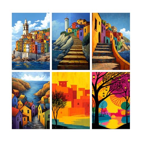 Image of SiddArtify Colorful Coastal Town Wall Art Prints Set - Modern Cityscape Poster Decor for Living Room Bedroom Office - 12x18 inch Sticker Pack of 6