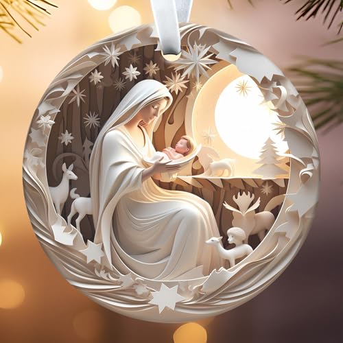 Christmas Ornaments, Christmas Nativity Scene Silhouette Holy Family Figurine, Holy Family Miniatures Statue Baby Jesus Manger Crib Ornament, Hanging Decorations Gifts (with Gift Box)