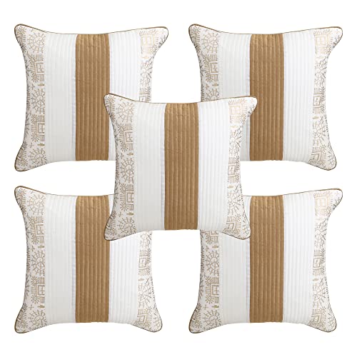 Image of Gifts Island Combo Silk Traditional Striped & Rajasthani Warli Golden Hand Printed Pillow Cushion Covers 16x16 inches Set of 5 & Round Pillow Bolster Covers Set of 2 16x32 inches (White)