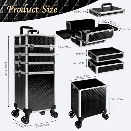 Image of 5 in 1 Rolling Makeup Train Case Professional Cosmetic Trolley Large Storage Organizer on Wheels for Hairstylist Artist Nail Beauty Salon Barber Black