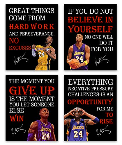 Basketball Superstar Poster,Kob Black Mamba Inspirational Quotes Poster Prints,Black History Month Poster Quote Los Angeles Lakers Wall Art Prints,Basketball Sports Decoration Coach Wall Art Growth Mentality Posters Motivational Education Decor Set Of 4 (8X10 Inches, Unframed) #TOP12