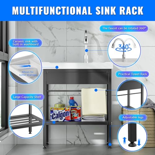 Image of Laundry Room Sink,28 inch x 19 inch x 34.3 inch Ceramic Utility Sink with Washboard Set,Freestanding Sink with Cold and Hot Water Faucet, Hoses and Drain Kit for Laundry Room, Basement, Outdoor and Indoor