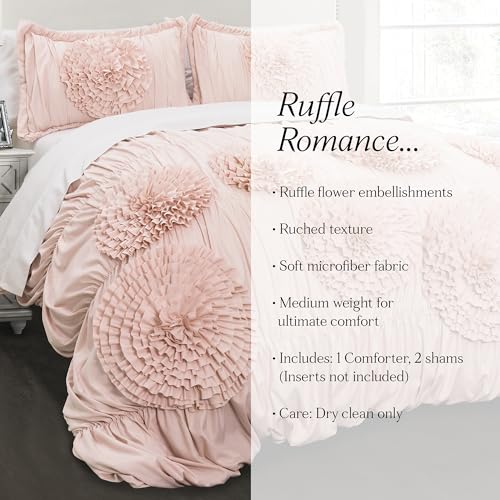 Image of Lush Decor Serena Comforter Set, 3 Piece Set, King, Blush - Ruched Ruffled Flower Design - Romantic Ruffle Bedding Set - Vintage Glam & Farmhouse Bedroom Decor