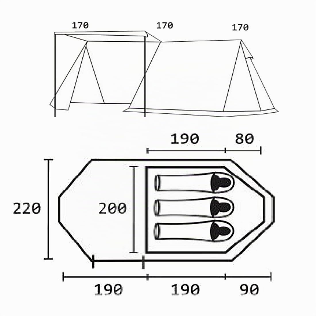 10T Hauszelt für 3 Personen, Farben & Art des Vorbau zur Wahl - Vorraum mit Vorder- oder Seiteneingang, wasserdichtes Hauszelt, 3000mm Firstzelt, Campingzelt, Familienzelt