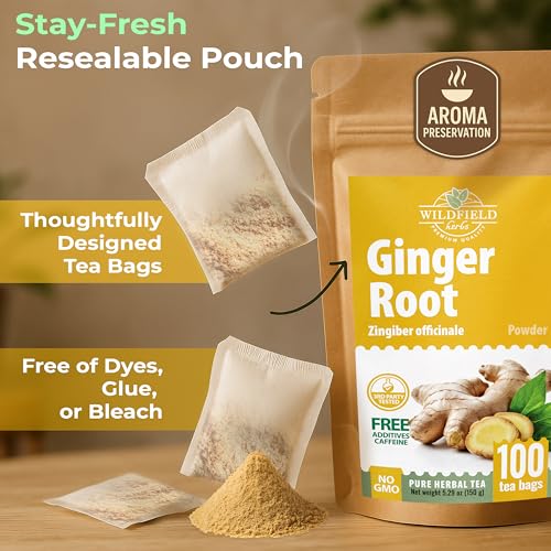 Image of 100 Bags Ginger Tea Ginger Root Tea Dry Dried Herb (Zingiber Officinale) - 100 Count 1.5g Bags Raiz De Jengibre