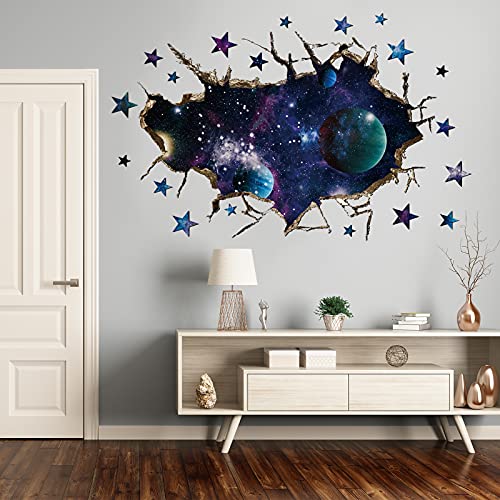 Image of 3D Galaxy Blue Cosmic Milky Way Wall Stickers, HOLENGS Outer Space Planets Simulation Crack Hole Wall Decals, Starry Sky Wall Decor for Boys Kids Bedroom Living Room Nursery Decoration