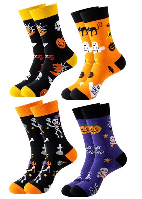Image of COLORFUL BLING Halloween Socks for Women 3 Pairs Spooky Ghost Bat Skull Crew Sock 4 Packs Fall Pumpkin Adult Socks