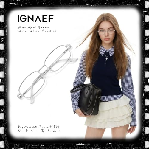 Image of IGnaef Fashion Non Prescription Fake Glasses for Women Blue Light Blocking Rectangle Metal Frame IF8733