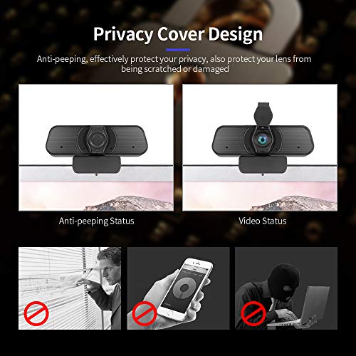 Andoer Câmera de web de foco manual de webcam 2K USB com capa de privacidade Microfone de redução de