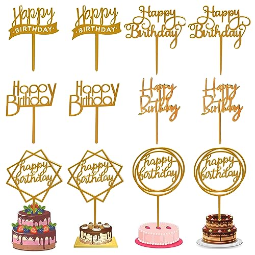 Chewarelly 12 Pack Multi Styles Birthday Cake Topper Set, Acrylic Cake Bunting Decor Birthday Cake Picks Party Decorations Supplies(Gold)