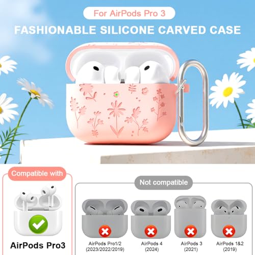 Image of ZORBES Compatible with AirPods Pro 3 Silicone Case, Pink Floral, Carabiner | Anti-Slip Grip, Anti-Scratch Protection, Silicone Shell, Carabiner Clip, Cleaning Tool, Charging Access