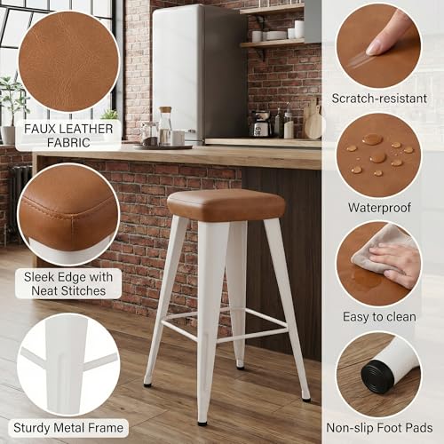 Image of Yongchuang Backless Bar Stools Set of 4, 24 inch Brown PU Leather Barstools | Modern Farmhouse Upholstered Bar Height Stools with White Metal Legs for Kitchen Island, Dining Room, Home Bar