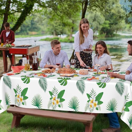 Image of Hawaiian Luau Tablecloths, Tropical Jungle Palm Tablecloth, 2 PCS 54 x 108 Inch Hawaii Leaf Disposable Plastic Rectangular Tablecover for Hawaiian Luau Birthday Summer Beach Party Decorations Supplies