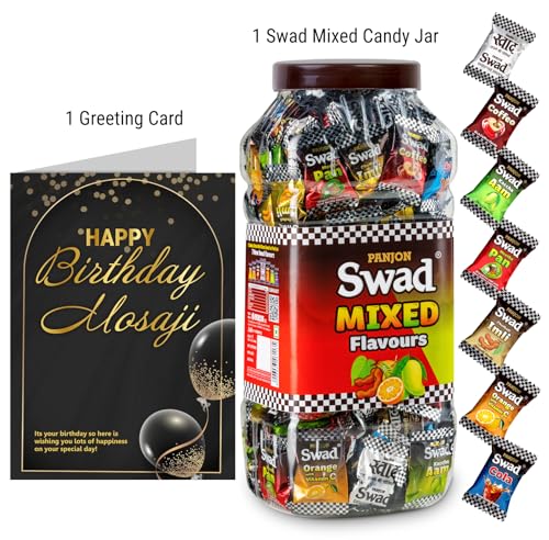 Image of Swad Happy Birthday Mosaji /Masaji Gift with Card (Swad Mixed Flavours Candy 200 Jar & 1 Greeting card) 2 units