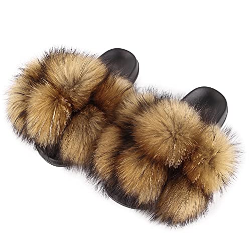 Women's Real Fox Fur Slides, Open-Toe Sandals, Indoor and Outdoor Non-Slip Slippers, Soft Pompom
