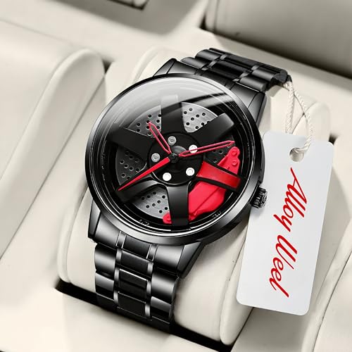 Image of Oculus Men's Racing Rim Design Rolling car Alloy Wheel, 360 Spinning Rotating gyro Dial, Black Stainless Steel Band, Quartz Movement, Red Accents Watch for Boys