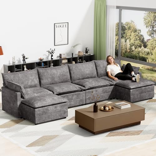 Image of LEVELEVE 147 inch U-Shape Modular Sofa with 2 Ottomans, Deep Seat Cloud Convertible Sleeper, 2 Arm Pillows, Cozy Large Upholstered Furniture for Living Room Apartment, Dark Grey
